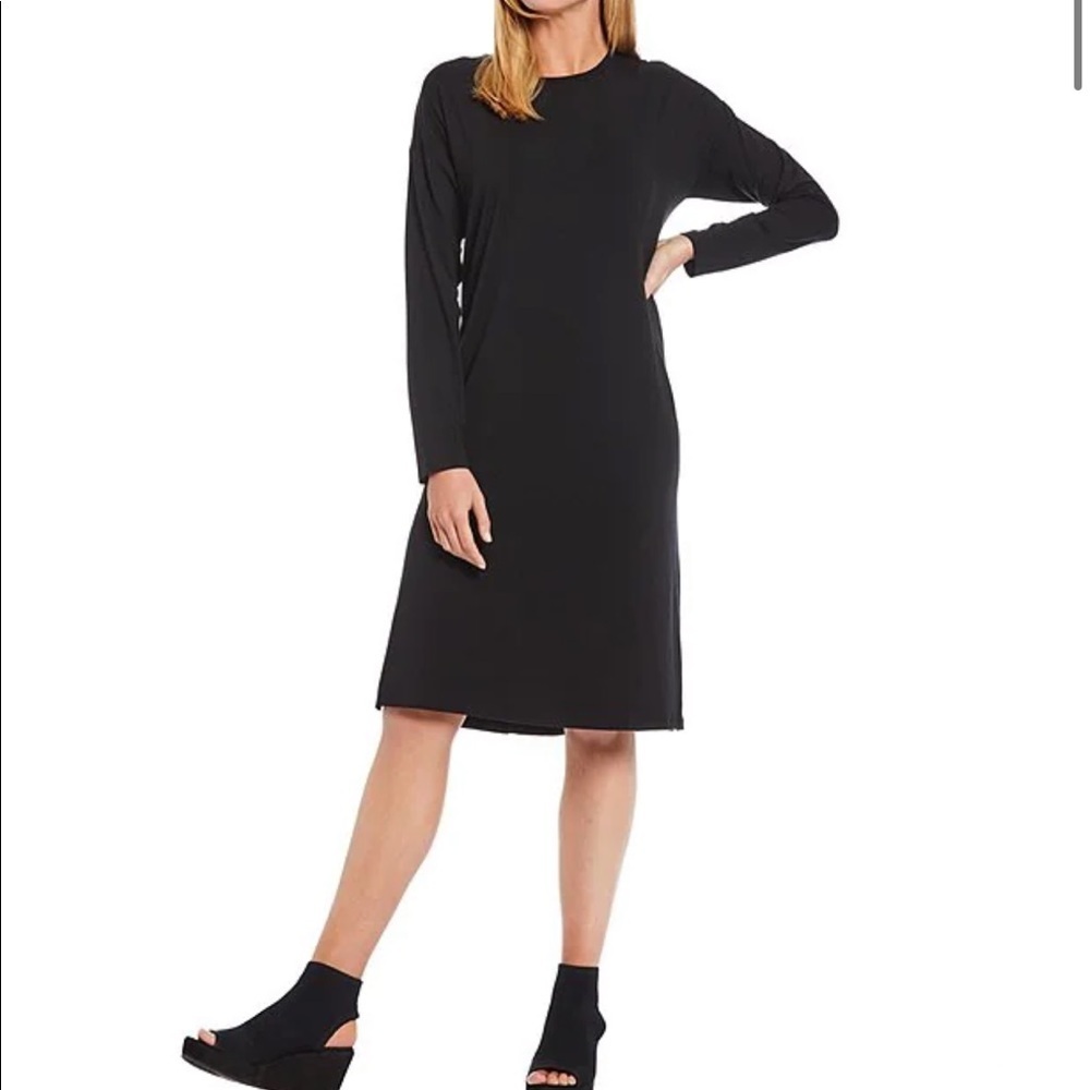 Eileen Fisher Stretch Jersey Knit Crew Neck Long Sleeve Side Slit Dress